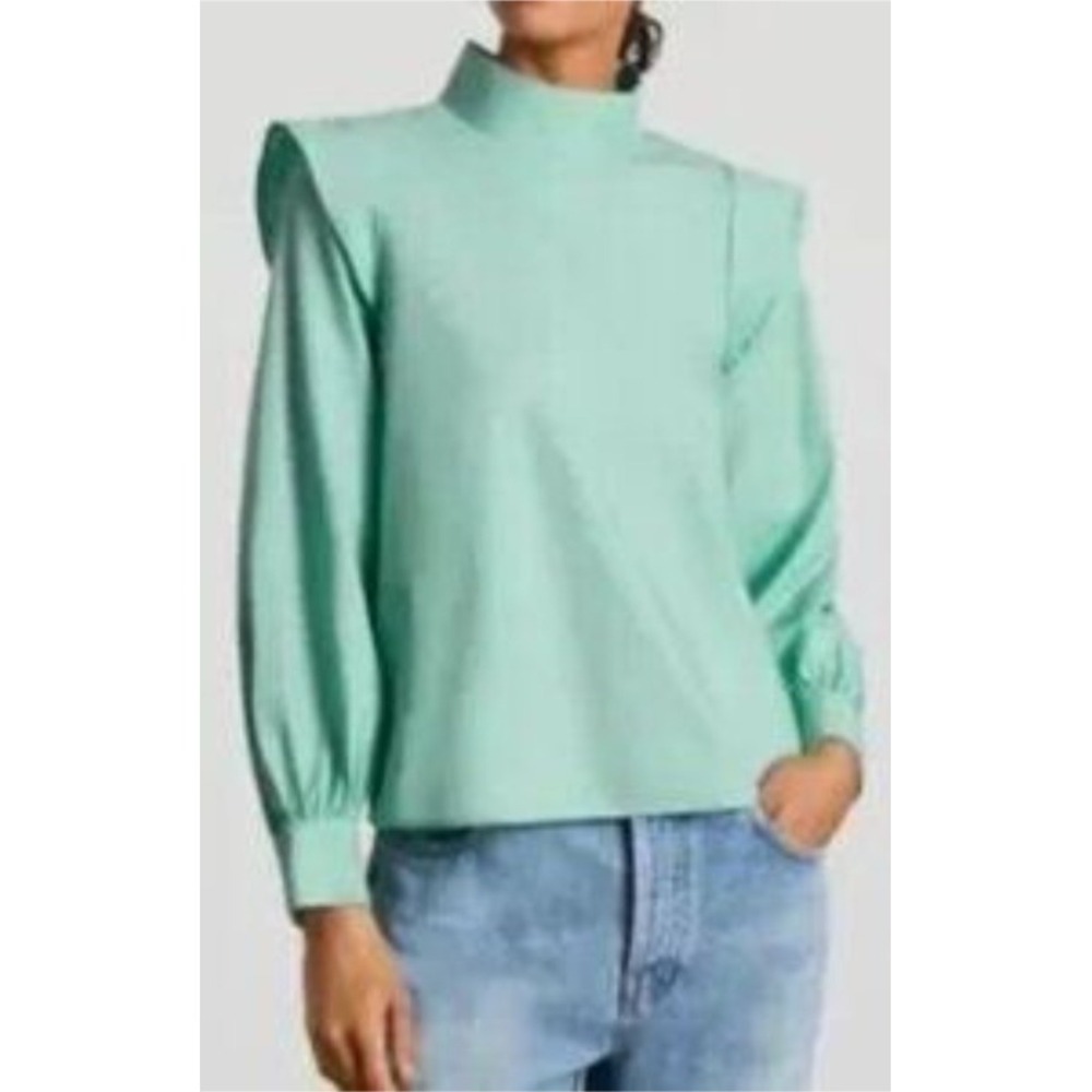 Everlane Mock Neck Puff Sleeve Button Back Blouse Mint Green Size 14 NWT $89‎